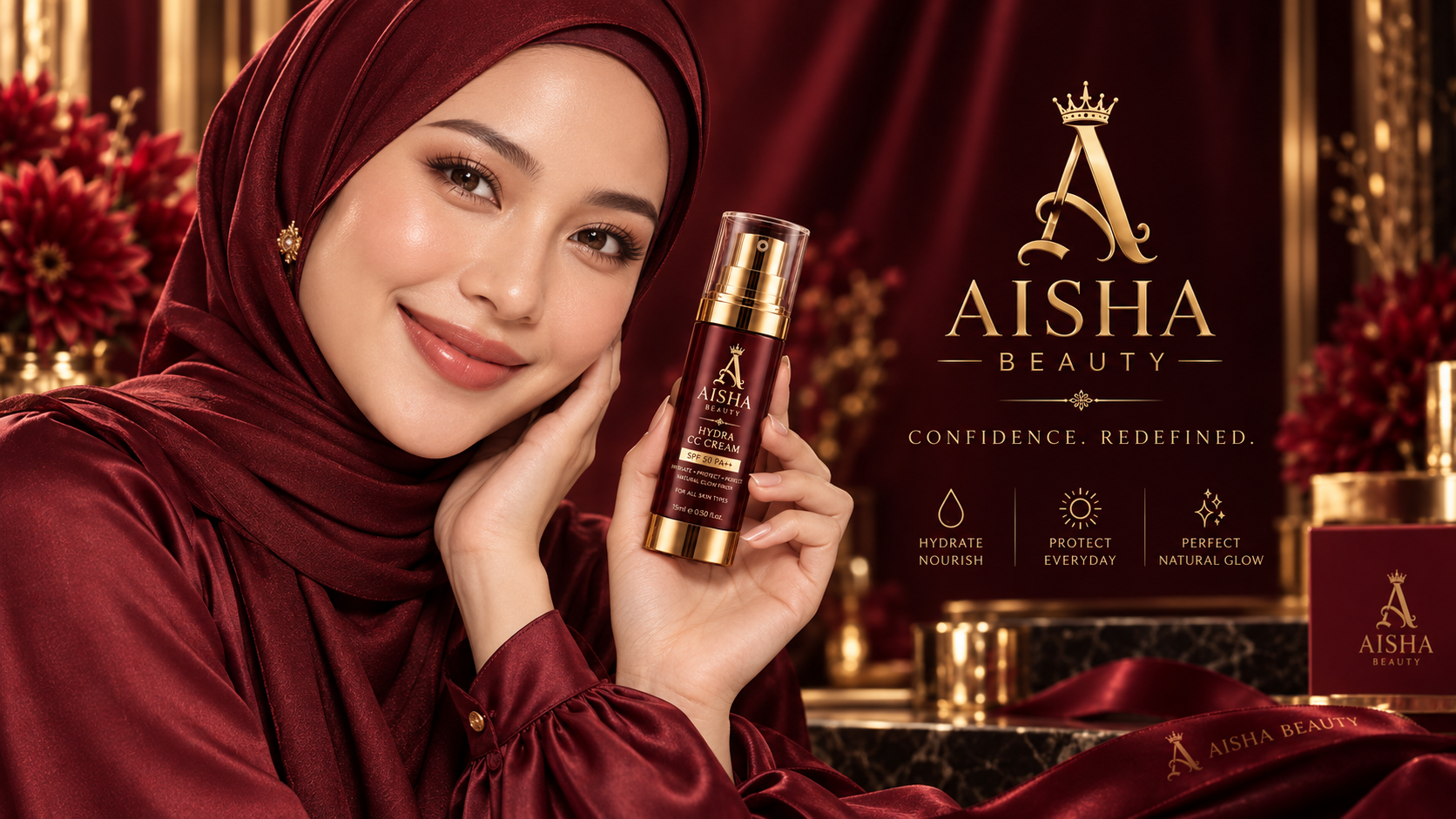 Smiling woman holding AISHA BEAUTY Hydra CC Cream SPF 50 PA++