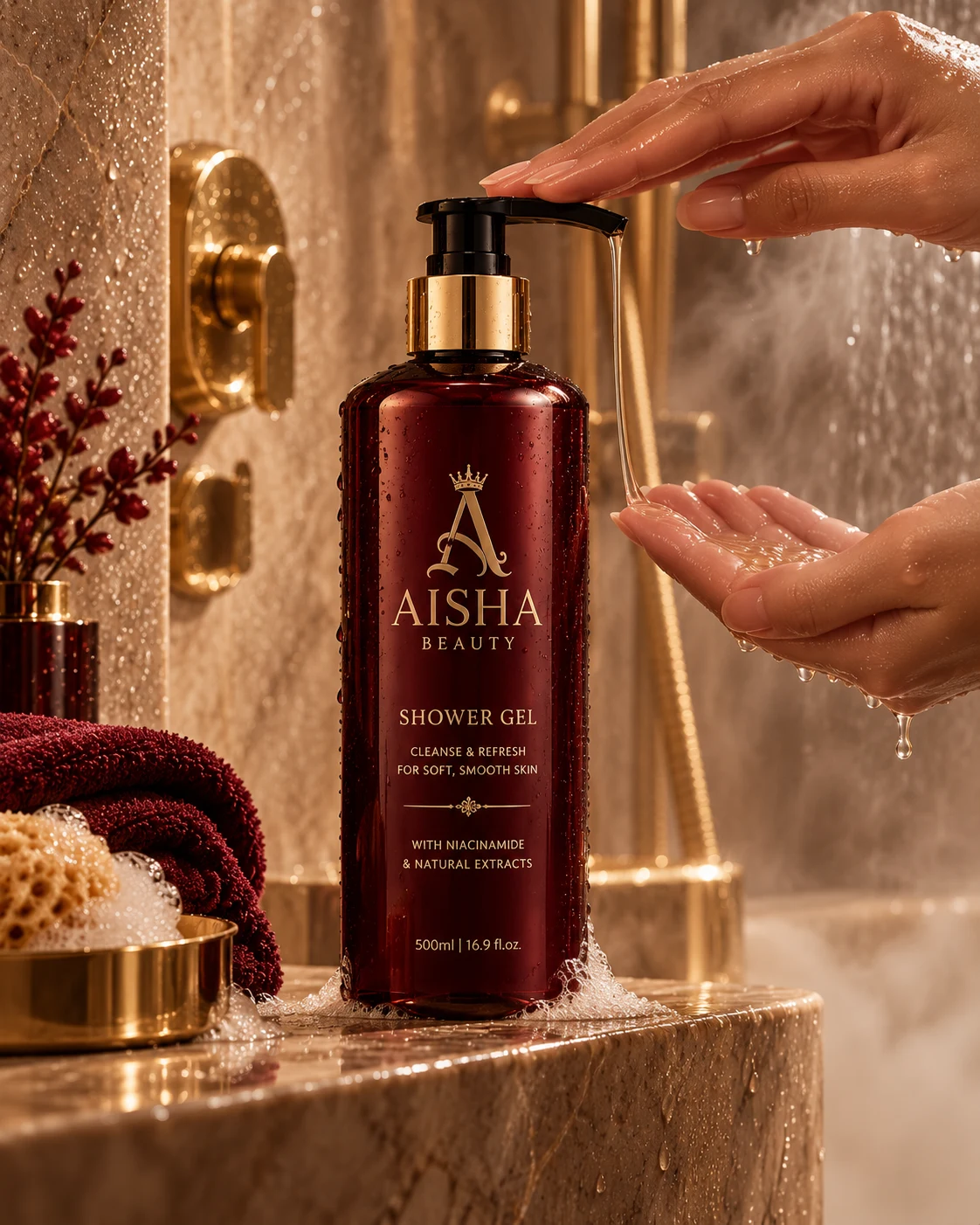 AISHA BEAUTY Shower Gel being dispensed in a premium shower setting
