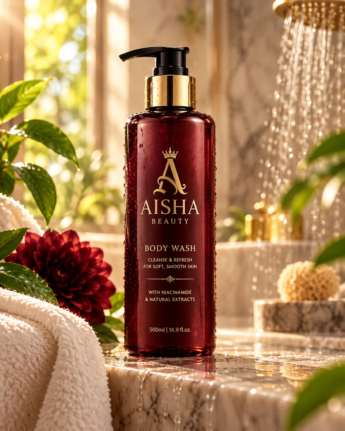 AISHA BEAUTY Shower Gel in a bright shower setting