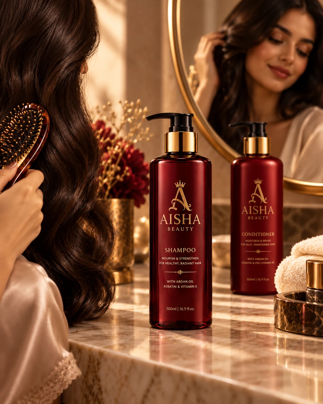 AISHA BEAUTY Shampoo and Conditioner beside a woman brushing her hair