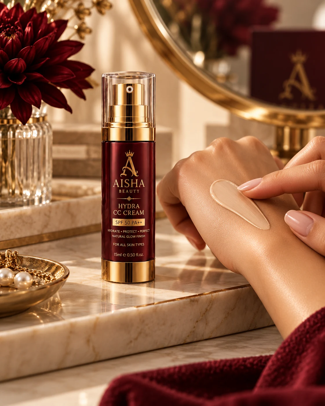 AISHA BEAUTY Hydra CC Cream SPF 50 PA++ in a premium vanity setting